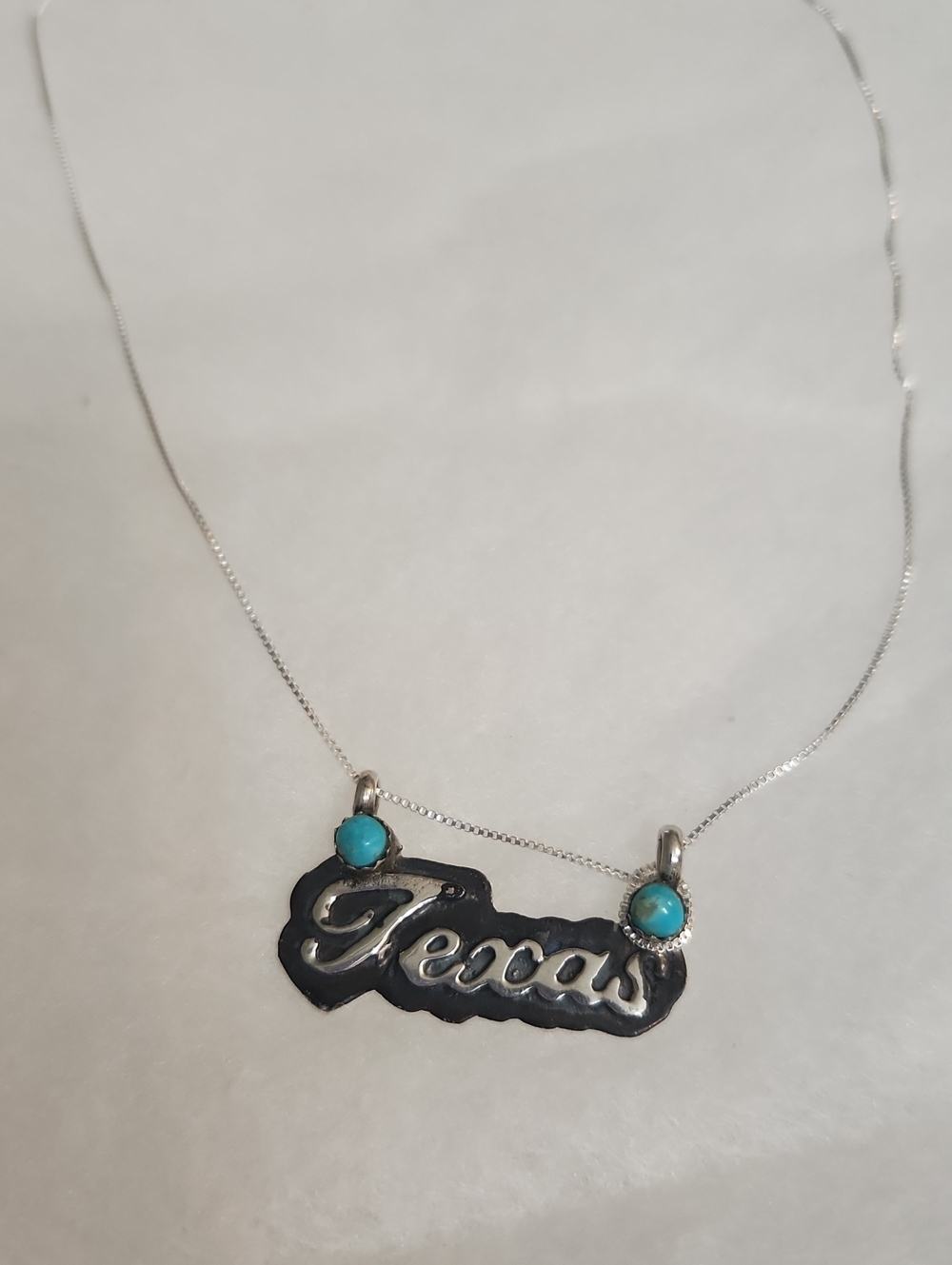 'Texas' Script Pendant Necklace with Turquoise Sterling  Silver By Navajo Artist